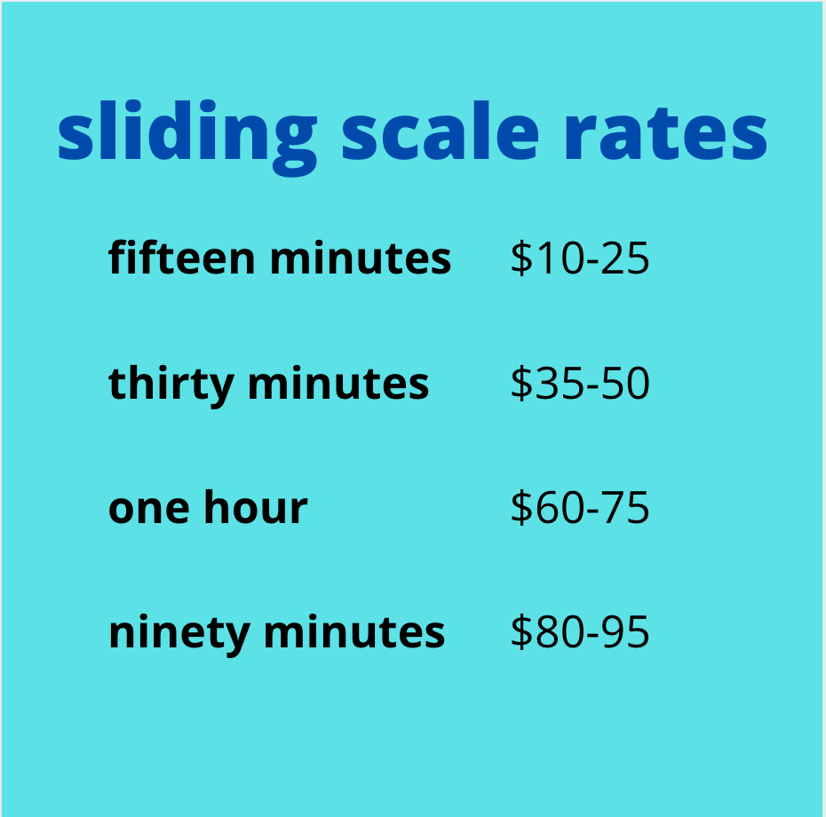 Blue box with blue and black writing that says sliding scale rates.  Fifteen minutes $10-25, thirty minutes $35-50, one hour $60-75, and ninety minutes $80-95